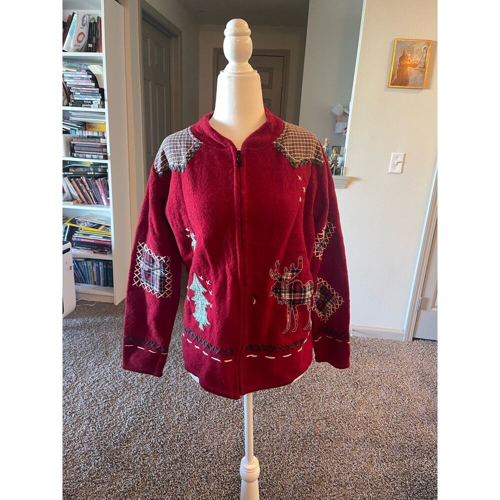 Vintage Coldwater Creek Red Wool Christmas Patchwork Moose Sweater Jacketo